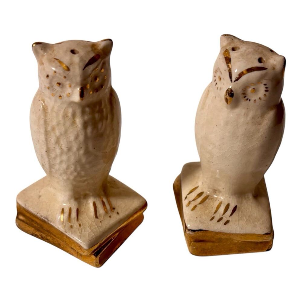 Porcelain Owl Salt and Pepper Shakers White & Gold 1950s MCM